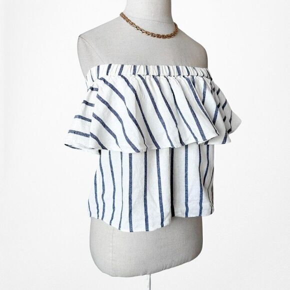 Topshop White Off Shoulder Ruffle Striped Top Size XS - Picture 5 of 7